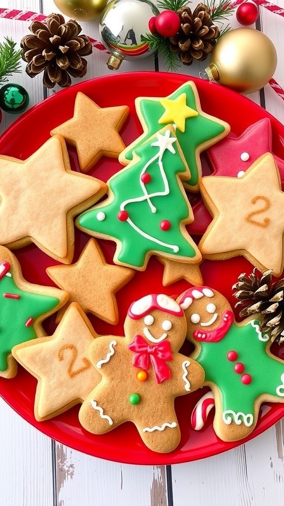 A plate of decorated Christmas cookies in festive shapes, surrounded by holiday decorations.